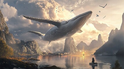 Flying whale over serene landscape, sunset.