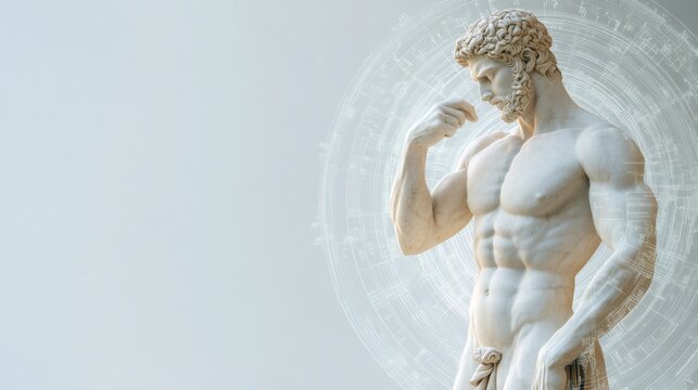 ancient-future fusion, a marble statue of an ancient greek stoic, juxtaposed against a cyberpunk backdrop, blending old wisdom with modern technology