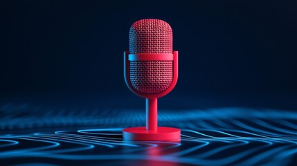 voice and tone to recording conceptual. Red microphone on a blue digital background with sound waves.