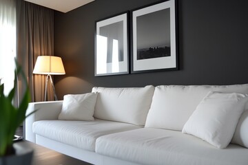 Wall art empty picture frame mockup on wooden desk, wall, table. Vase with olive branches, cactus. Elegant working space, home office concept.