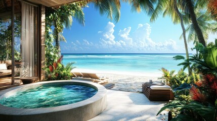 Obraz premium A luxurious hotel suite with a private hot tub overlooking a tropical beach
