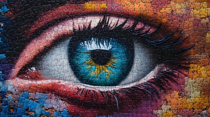 Puzzle artwork depicting a close up of a human eye surrounded by colorful puzzle pieces, showcasing creativity and complexity in a vibrant mosaic style