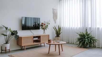 Modern Living Room Interior with TV and Plants. Stylish and serene living room featuring a TV, plants, and a cozy atmosphere with natural light and earthy decor.