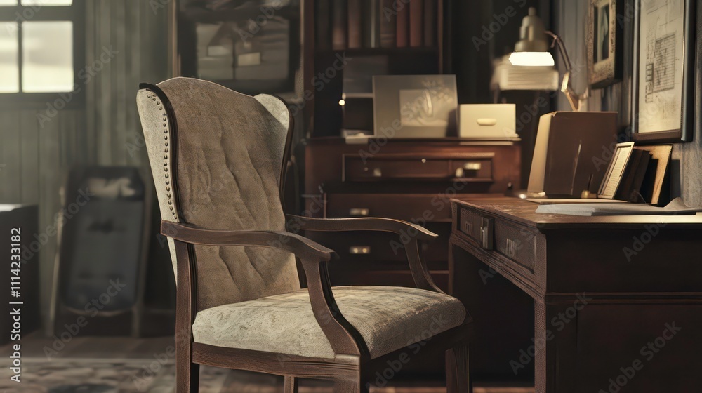 Poster a casual office space with a relaxing atmosphere, featuring a comfortable chair and a rustic desk.
