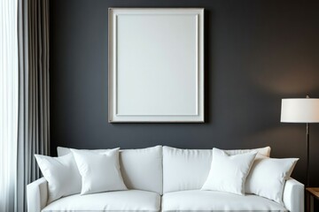 Wall art empty picture frame mockup on wooden desk, wall, table. Vase with olive branches, cactus. Elegant working space, home office concept.