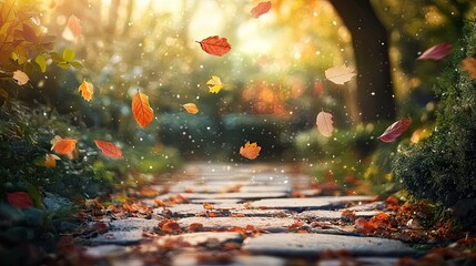 Fototapeta premium A peaceful garden scene with falling leaves gently landing on a stone pathway