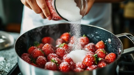 A person pouring sugar into a pot of strawberries, starting the jam-making process