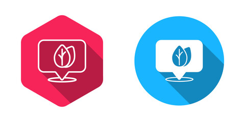 Filled and outline Location pin with leaf inside icon isolated with long shadow background. Leaves sign. Fresh natural product symbol. Vector