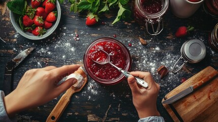 A person sealing a jar of strawberry jam with a lid, surrounded by kitchen tools