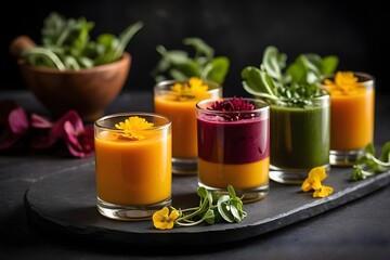 Elegant mini glass cups with vibrant layers of carrot, spinach, and beetroot soups, garnished with fresh herbs and edible flowers. A colorful and artistic presentation perfect for gourmet cuisine.
