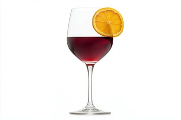 Single thin cocktail glass with mulled wine isolated on white background