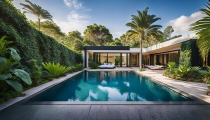 Fototapeta premium a beautiful modern villa with a pool surrounded by tropical plants and greenery creating a tranquil and luxurious outdoor space concept of relaxation nature and stylish outdoor living