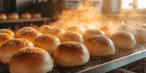 Steaming Fresh Bread Rolls Straight from the Oven