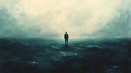 A man stands alone by a mysterious ocean. he looks lonely and sad, lost in his thoughts. the painting conveys a sense of emptiness and isolation. Solitude. Illustration