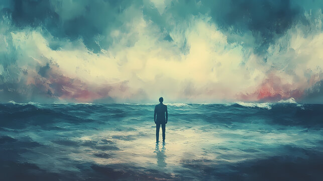 A man stands alone by a mysterious ocean. he looks lonely and sad, lost in his thoughts. the painting conveys a sense of emptiness and isolation. Solitude. Illustration