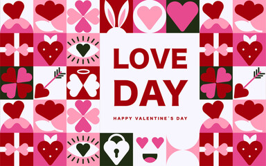 The banner with Romantic Seamless Pattern and text Love day, Icons in Bauhaus Flat Style