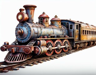 Obraz premium vintage rusted and weathered toy passenger train with locomotive isolated on white