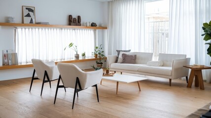 Modern Minimalist Living Room with Natural Light. Bright and airy living room featuring a minimalist design with cozy seating, wooden accents, and lush plants.