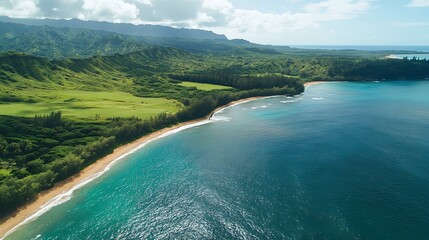 Fototapeta premium Aerial view of a secluded beach with turquoise water, lush green hills, and a sandy shore.