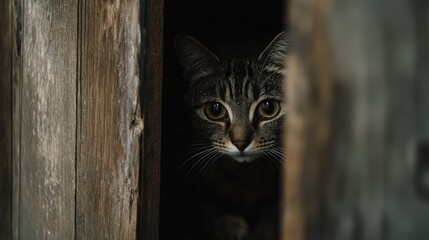 A scared tabby cat hiding under a wooden closet, peeking out cautiously