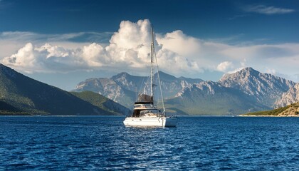 Naklejka premium breathtaking landscape with yacht on the sea against the background of mountains