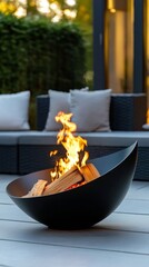 Outdoor fire pit surrounded by modern furnishings on a pleasant evening gathering