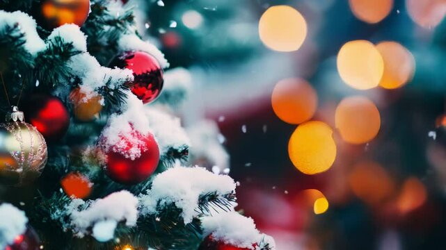 A bright and vibrant winter holiday scene, featuring a close view of a Christmas tree covered with snow and adorned with colorful ornaments. Snow falling, bokeh lights. 4K video animation