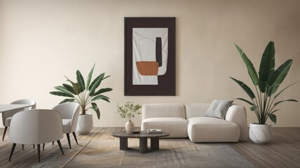 Stylish Minimalist Living Room with Art and Greenery. Discover a modern minimalist living room featuring a unique artwork, elegant furniture, and vibrant indoor plants. Perfect for contempor...