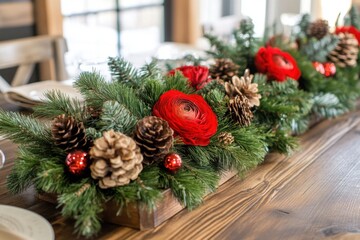 Festive holiday table arrangement cozy cabin floral decor rustic atmosphere close-up view seasonal elegance