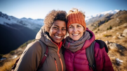 Happy women hikers in mountains wearing warm clothing