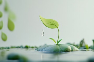 The scene features a single drop of water delicately balanced at the tip of a cartoon green leaf