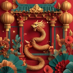 Golden Dragon in Festive Chinese Archway: A 3D Paper Art Celebration of Lunar New Year Traditions
