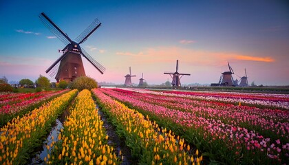 magical fairy fascinating landscape with windmills middle tulip field in kinderdijk netherlands at dawn meditation anti stress harmony concept