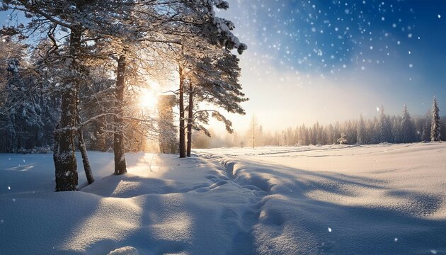mystical winter landscape of trees in sunlight during snowfall