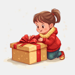 Happy child excitedly opening a beautifully wrapped gift box with a bright red ribbon on a light festive background, celebrating joy and gift-giving moments
