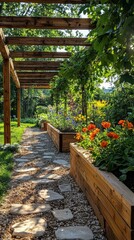 Obraz premium Beautiful garden pathway with blooming flowers and greenery