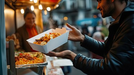 A Styrofoam food box being handed over to a customer at a bustling food truck