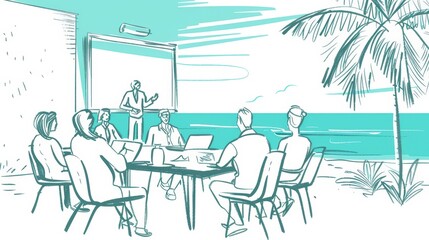 Cartoon depicting a business meeting held in a smart forest office