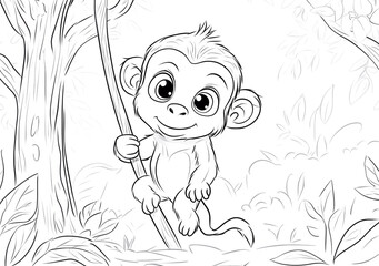 Drawing for coloring page book of monkey in swing for kids. Printable.Cartoon monkey hanging from a vine, surrounded by tropical leaves, great for creative projects like kids’ crafts or coloring pages