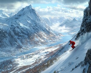 A male skier in a vibrant red outfit descends a snowy mountain, showcasing thrill against a breathtaking winter landscape.