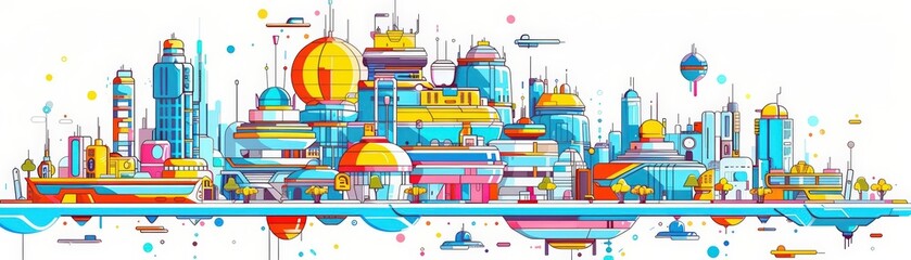 Cartoon depicting a futuristic AI-driven floating city