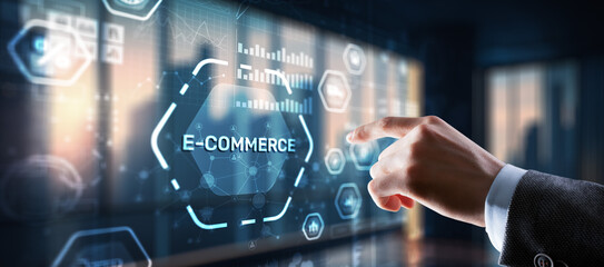 Fototapeta premium Businessman clicks E-commerce Global Business Digital Marketing