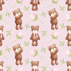 Seamless pattern Coquette Teddy Bear and flowers peonies, Texture for Wallpaper, Gift Wrapping paper. Ideal for fabric,scrapbooking,banner , card, wrapping paper,