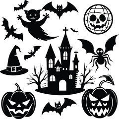 Spooky Halloween Silhouette with Pumpkins, Bats, and Haunted House on White Background