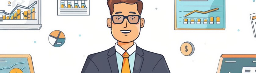 Cartoon illustrating a tech-savvy financial analyst presenting data