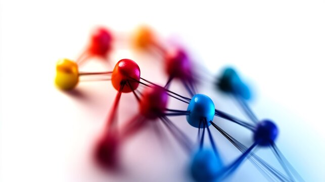 Colorful spheres connected by thin lines, abstract network.