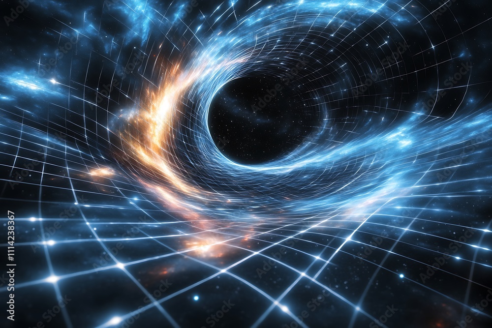 Poster abstract swirling vortex with glowing energy and grid pattern, resembling a wormhole or black hole i