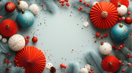 Fototapeta premium Festive Christmas Ornament Border Design Red Teal White Balls Paper Fans Fir Branches