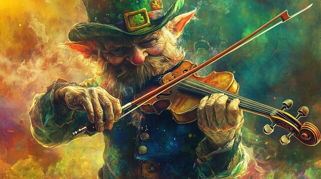 Elderly leprechaun playing violin in vibrant, mystical setting.