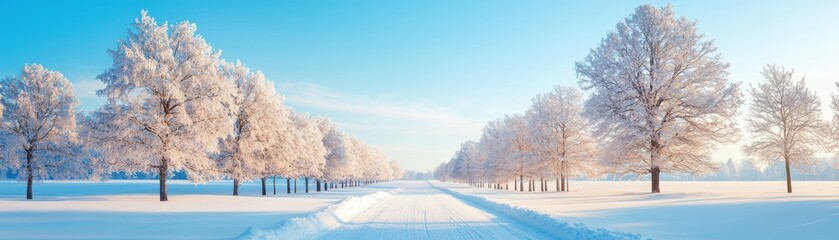 Obraz premium Wide winter banner. Snowy landscape with frosted trees under a clear blue sky.